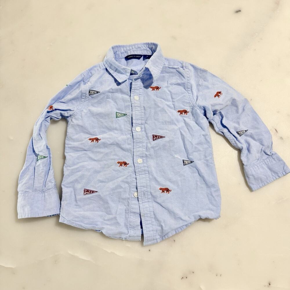 Janie and Jack Tiger Pennant Oxford Shirt Kids 2T Blue New Varsity Embroidery